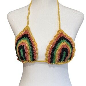 Handmade Crochet Bikini Top Boho Rasta Festival Halter Yellow Green Orange Brown